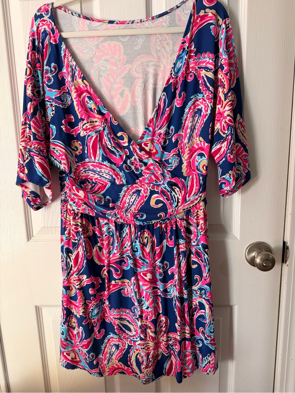 Navy Pink Paisley Wrap-Style Dress Romper - Picture 3 of 5